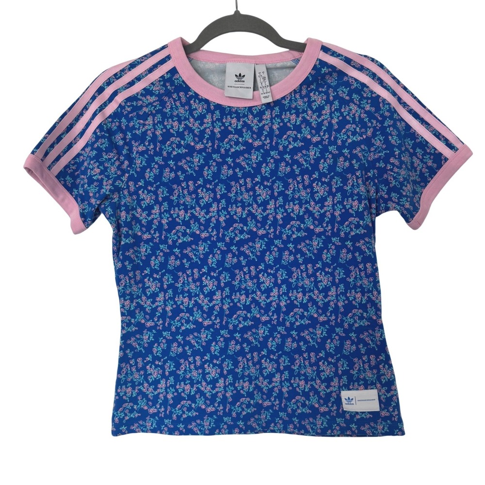 Adidas x Kseniachnaider Top Womens S Blue Pink Floral Dainty Sporty Streetwear
